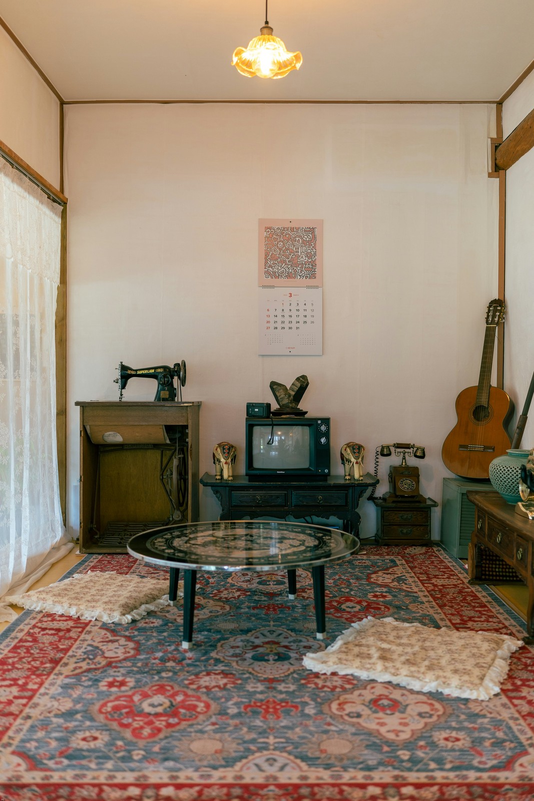 A handwoven medallion rug in a warm, lived-in room